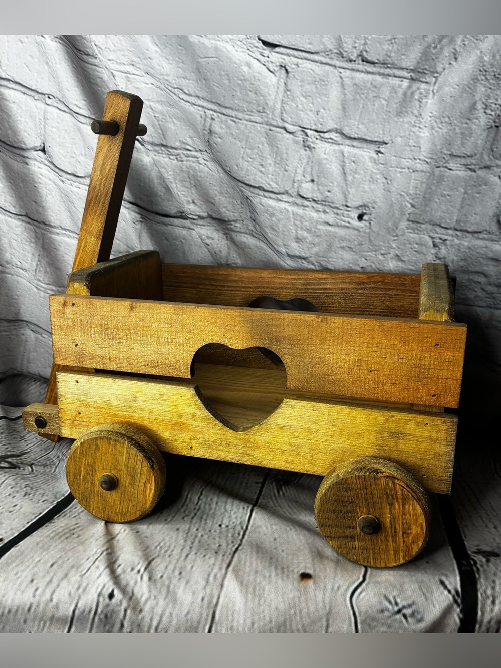 handmade wood pull wagon box toy decor Cottagecore Gardencore Rustic Hearts GUC